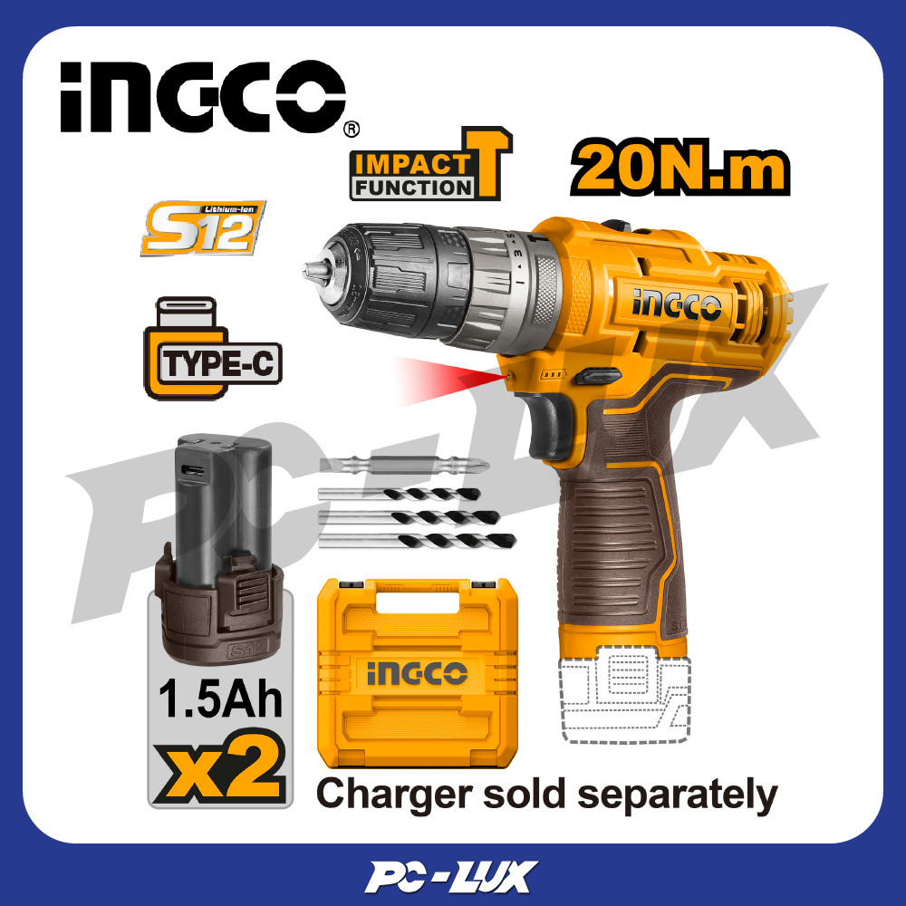 INGCO สว่านกระแทกไร้สาย 12V แบต 1.5 Ah ไม่รวมแบตและที่ชาร์จ CIDLI12202