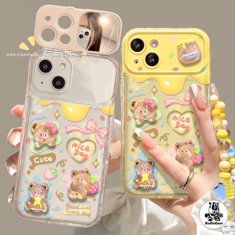 สำหรับ iPhone 11 15 14 13 12 Pro MAX 7 8 Plus X XS เคส รักตุ๊กตาหมีน้อย รูปแบบการ์ตูน กรณีโทรศัพท์กระจกพลิก กระจกฝาพับ