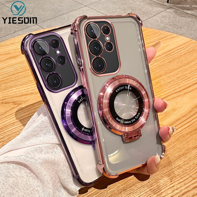 SAMSUNG ขาตั้งแม่เหล็กกันกระแทกเคสโทรศัพท์สําหรับsamsung Galaxy S24 S23 S22 S21 S20 Ultra S22 S24 Plus S21 S20 S23 FE S23FE S21FEเลนส์ป้องกันโปร่งใสชุบซิลิโคน