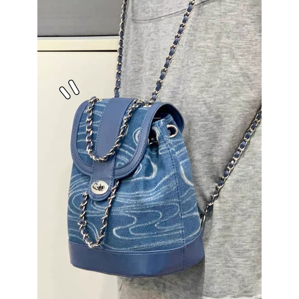 Niche Chanel Style Chain Backpack Denim Canvas Tannin Small School Bag Grandma Chanel Fashion Chain 