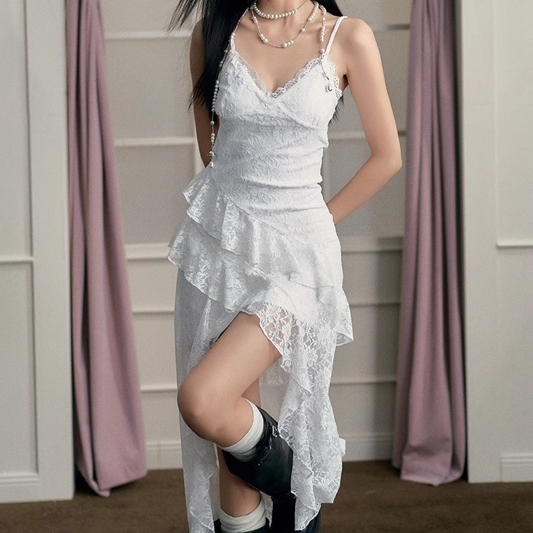 Dress Lace Suspender Skirt Pure Romantic Style Irregular Atmosphere Slim Fit Hot Girl Wants Hem Split