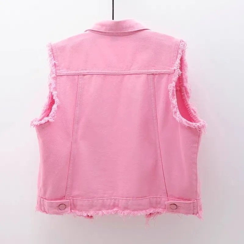 Frayed เสื้อกั๊กยีนส์สีขาวสั้นฤดูใบไม้ผลิ All-Match Slim-fit เสื้อกั๊กแขนกุด Slimmer ดูเสื้อกั๊กแฟชั่น Top