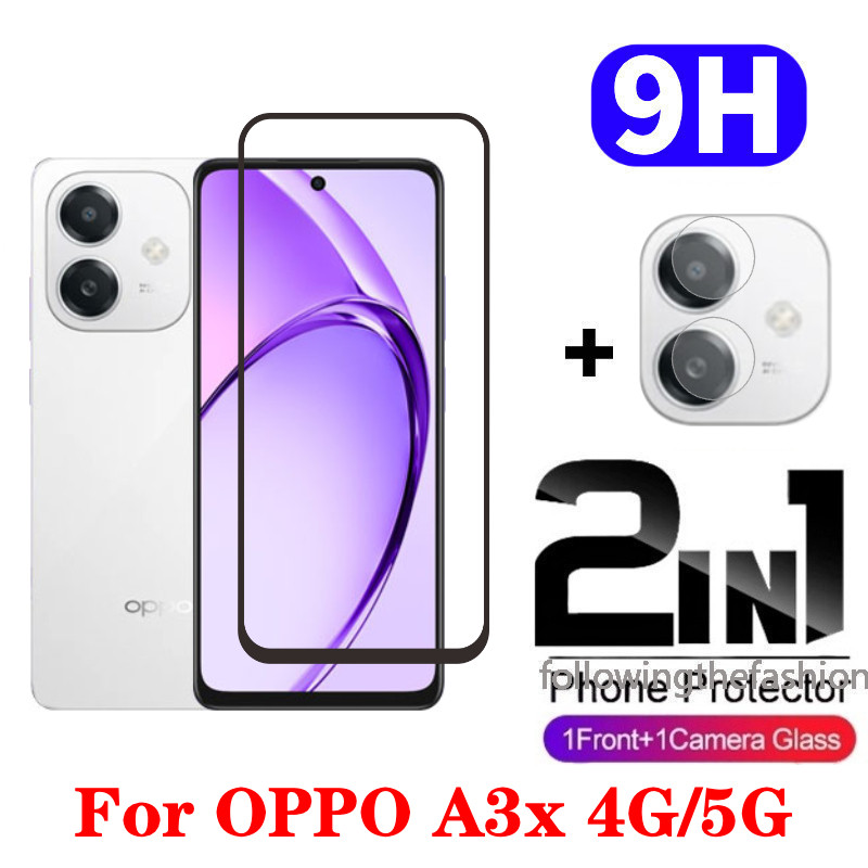 2 in 1 ป้องกันหน้าจอสําหรับ OPPO A3x 4G 5G A3 x 2024 Full Coverage HD กระจกนิรภัยป้องกันหน้าจอโทรศัพท์ฟิล์มด้านหน้ากล้องกลับฟิล์ม