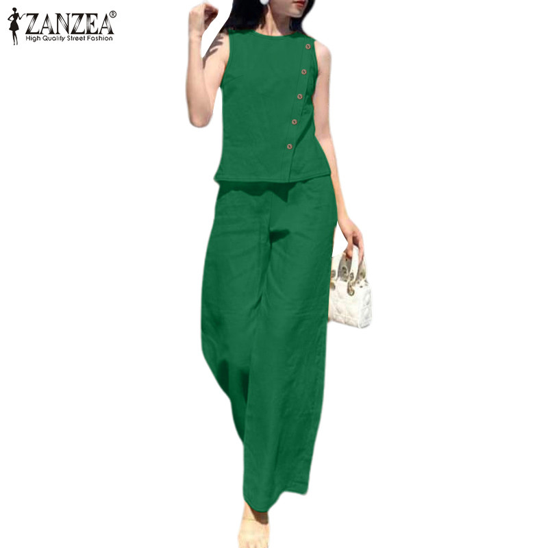ZANZEA ใส่ ซานเซีย ผู้หญิงเกาหลีสมการยืดหยุ่นเอวปุ่ม โอ-คอท็อปส์กางเกง