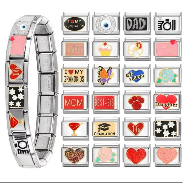 Vintage Heart ผีเสื้อค็อกเทล Devil Eyes ดอกไม้อิตาเลี่ยน Charm Links Fit 9 มม.สร้อยข้อมือสแตนเลส DIY เครื่องประดับทําของขวัญ