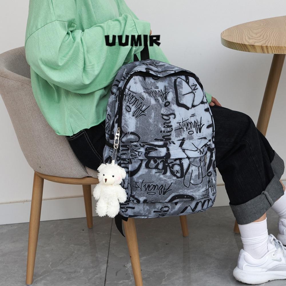 UUMIR กระเป๋าเป้สะพายหลังผู้หญิง,กราฟฟิตีพิมพ์กระเป๋านักเรียนกันน้ํา,แฟชั่นไนลอนกระเป๋าสะพายความจุขนาดใหญ่ผู้ใหญ่