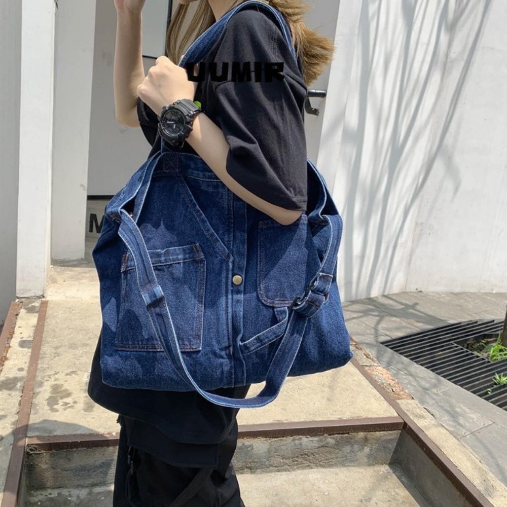 UUMIR กระเป๋าถือลําลอง,กระเป๋าโท้ทผ้าเดนิมสีน้ําเงิน,กระเป๋าสะพายไหล่มีซิปทรงสี่เหลี่ยมที่ใช้งานได้จริง