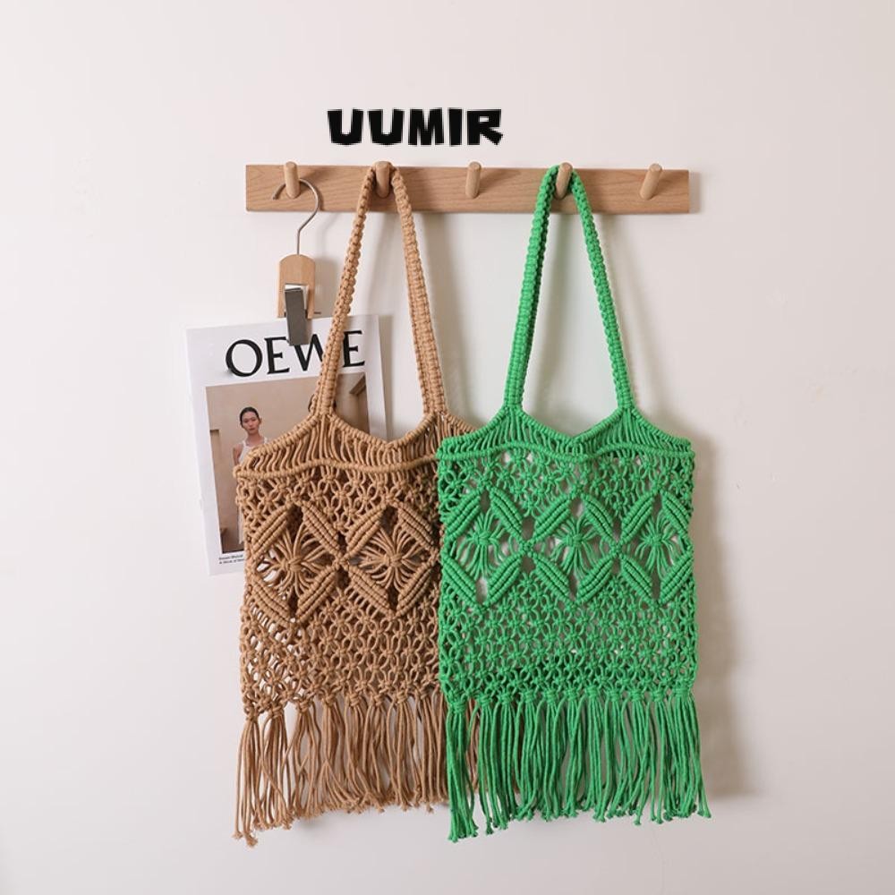 UUMIR กระเป๋าสานแฮนด์เมดกระเป๋าสะพายพู่สีทึบทอพร้อมพู่กระเป๋าถือชายหาด