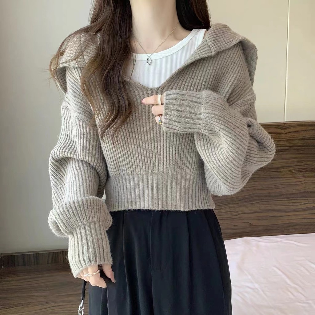 เสื้อถักแขนยาว2024แบบใหม่ฤดูใบไม้ร่วงและฤดูหนาวสวมหัวคนตัวเล็กขี้เกียจใส่ด้านนอกแบบสั้นหนาพิเศษปกทะเลหลวม yh4y