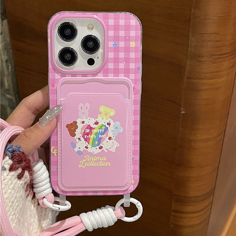 การ์ตูนสีชมพูลายสก๊อต Rainbow Love น่ารักสัตว์น้อย IPhone สําหรับ 7/8 Plus 14/13promax 12/11 โปร่งใสขนาดใหญ่ Hole Card Case Drop ทน IPhone15 นุ่ม XR/xs ภาพวาด