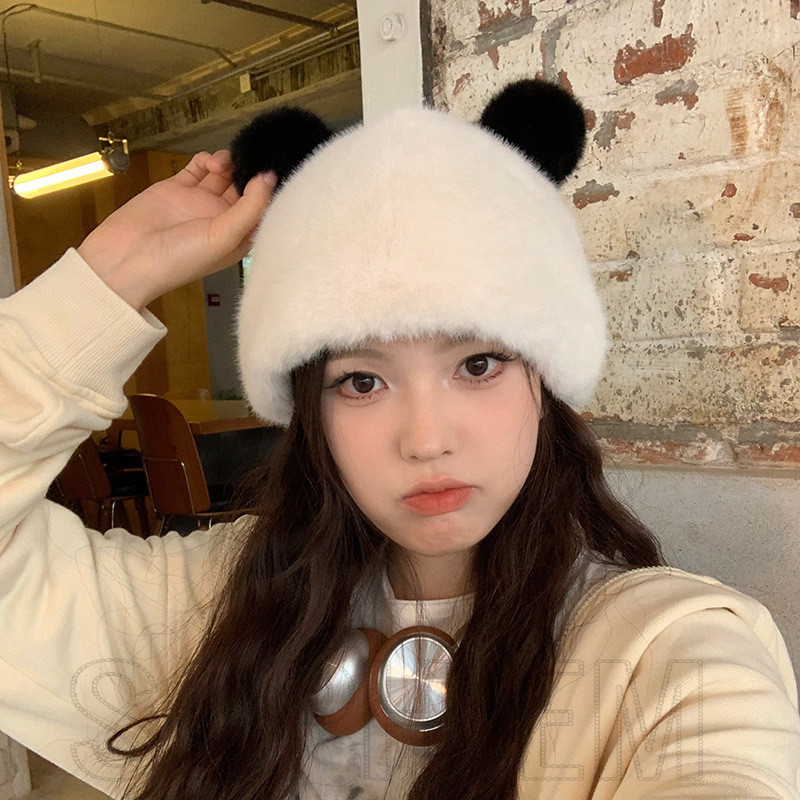 หมวกหูแพนด้าน่ารัก-สําหรับสาวฤดูหนาวหมวกกีฬากลางแจ้ง-แฟชั่น,อเนกประสงค์,แสดงใบหน้าขนาดเล็ก-plush Warm Bucket Hat-Windproof,หนา
