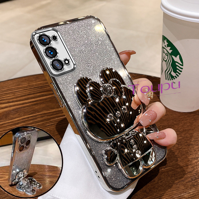 ปลอกoppo Reno 4 Reno 8 Reno 8Z 5G Reno 7Z 5G Reno5 Reno 6Z 5Gกรณีไฟฟ้าน่ารักกระต่ายวงเล็บโปร่งใสGlitterเคสโทรศัพท์