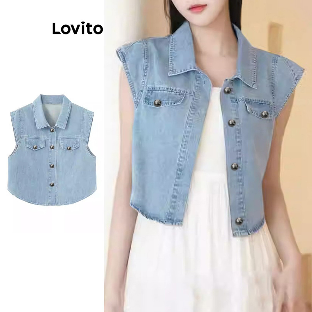 Lovito ปุ่มธรรมดาสบาย ๆ ด้านหน้ากระเป๋าปลอมแจ็คเก็ตยีนส์สำหรับผู้หญิง LNE71535