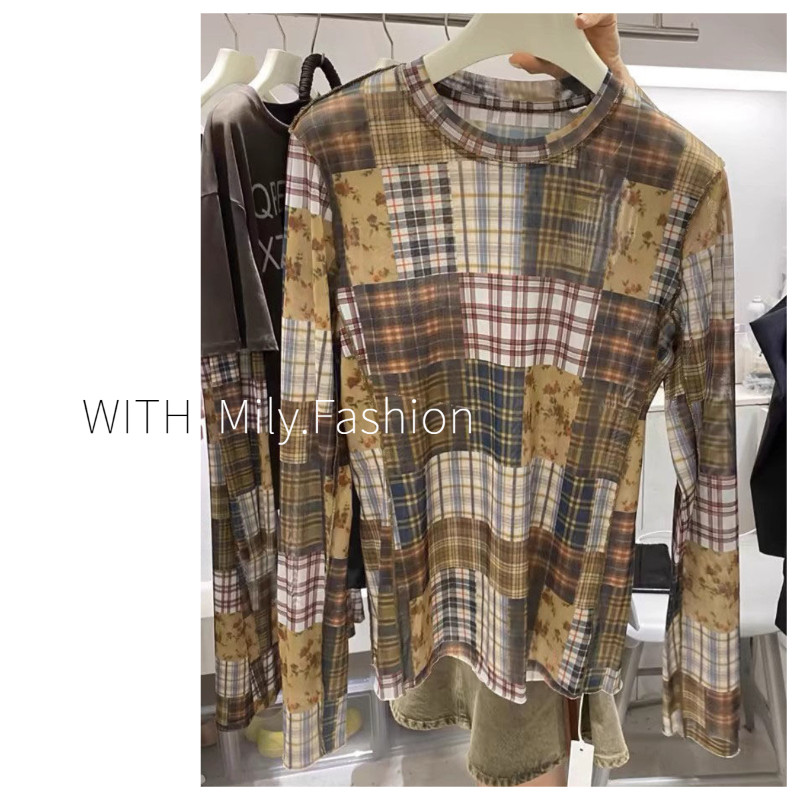 Milyfashion ฤดูใบไม้ร่วงศิลปะแนววินเทจดีไซน์ความรู้สึกเย็บต่อลายสก๊อตใส่ด้านนอกใส่ด้านในใส่ด้านในใส่ด้านในเสื้อตาข่ายเข้ารูปผู้หญิง
