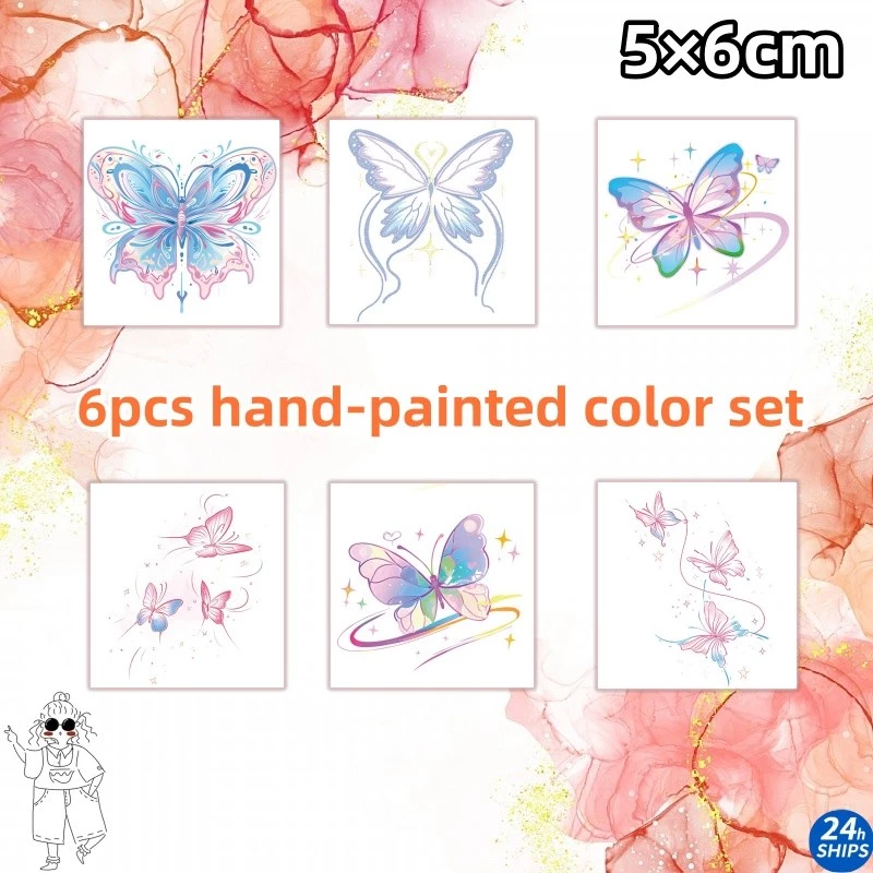 6พีซี มือวาดรูปแบบผีเสื้อที่มีสีสันสักสาวน่ารักแขนสักสติกเกอร์กันน้ํายาวนาน7วันผิวสติกเกอร์ชั่วคราวสักปลอม