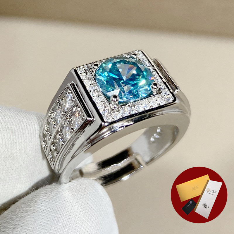 (มีใบรับรอง Gra) แหวนแฟชั่น Blue Diamond Pt950 Platinum Luxury 2 กะรัต Blue Green Diamond แหวนผู้ชาย