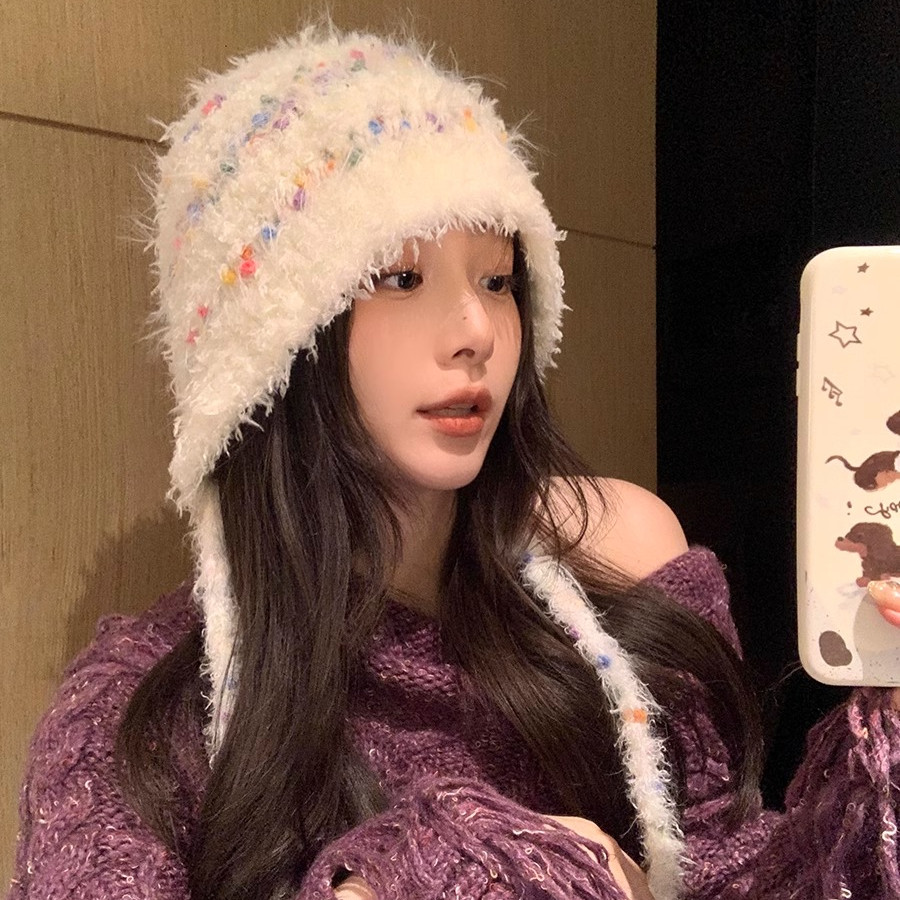 น่ารักสีจุดหมวกผู้หญิงฤดูหนาวที่อบอุ่นถักหมวกนักเรียนป้องกันหูหมวก