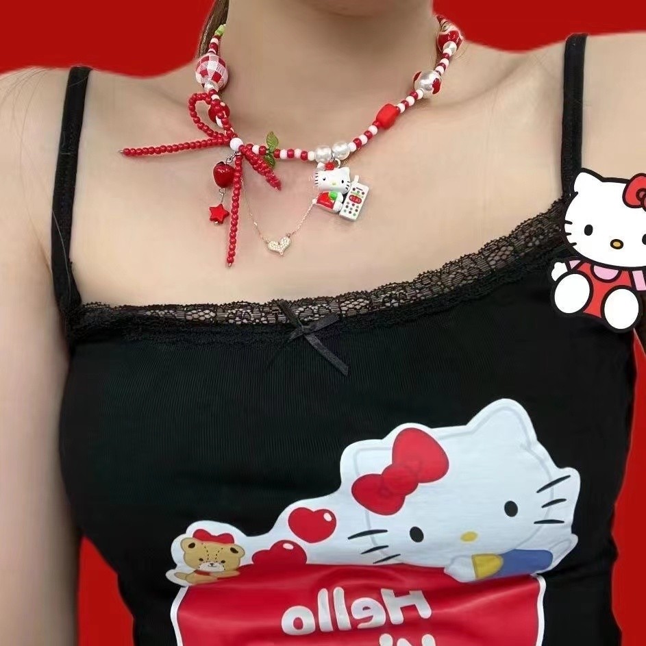 ฤดูร้อนโดพามีนสีลูกปัด HelloKitty สร้อยคอผู้หญิงการออกแบบเฉพาะกลุ่มพู่สวยหวานน่ารัก
