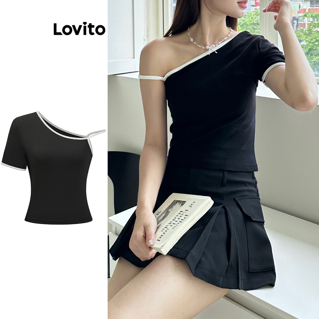 Lovito เสื้อยืดคอนทราสต์แบบสบาย ๆ แบบไม่สมมาตรสำหรับผู้หญิง L95ED136