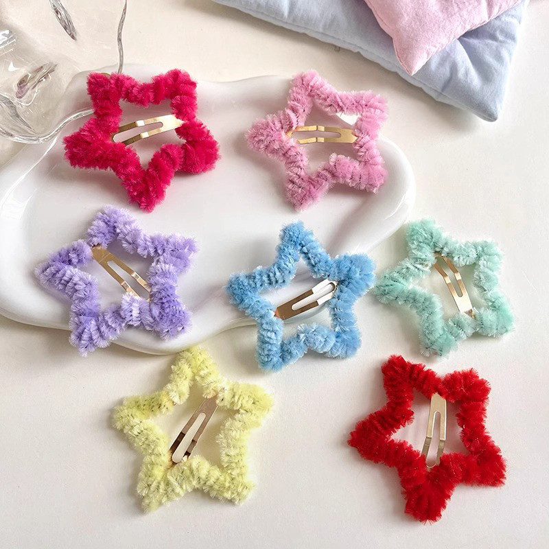 Y2k Rainbow Colour Plush Star Hairpin น่ารัก Flocking Bangs คลิปเครื่องประดับผมสําหรับผู้หญิง