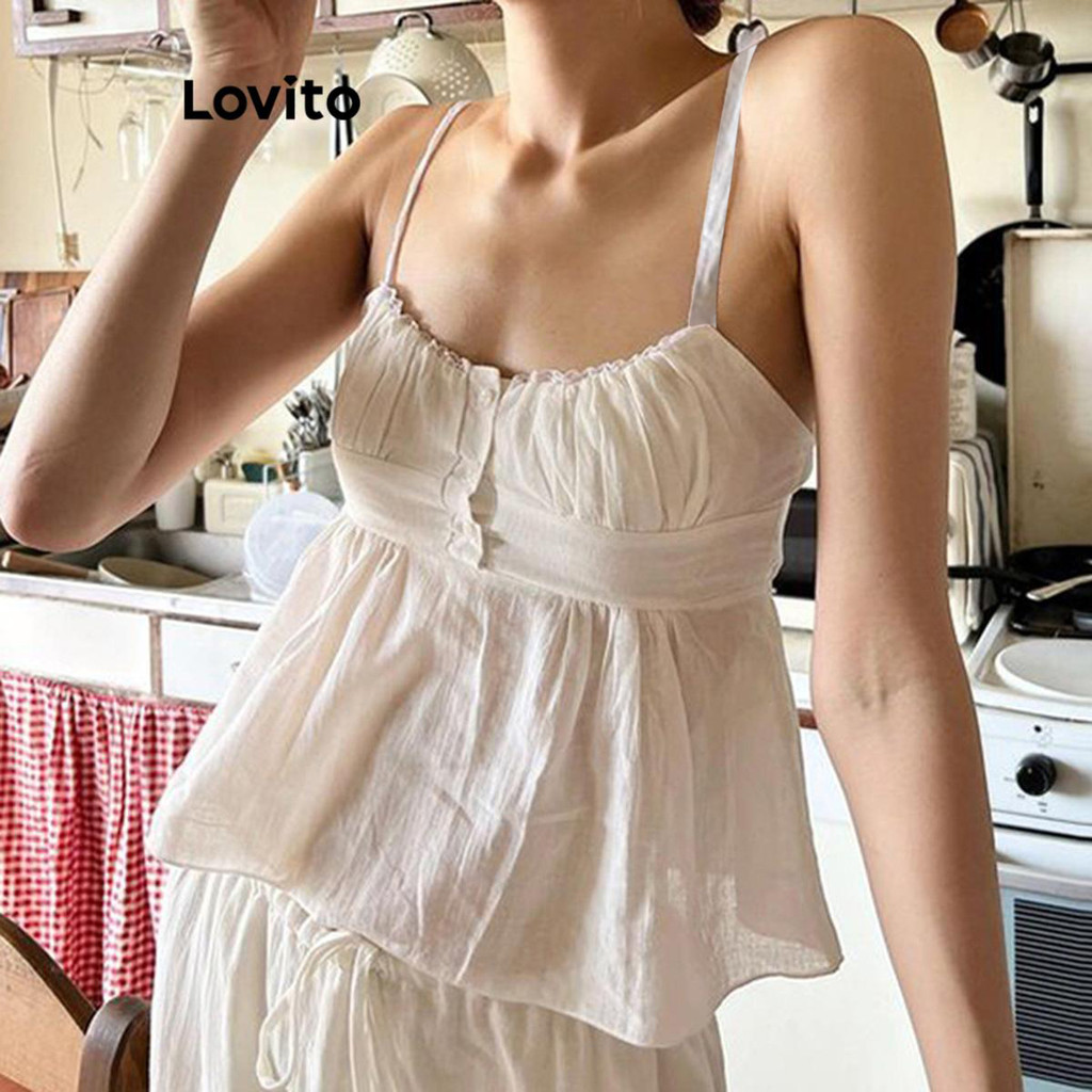 Lovito กระดุมจีบสำหรับผู้หญิงธรรมดาสบาย ๆ ธรรมดาไหล่เย็นปุ่มจีบเสื้อกล้ามสำหรับผู้หญิง LNE71634
