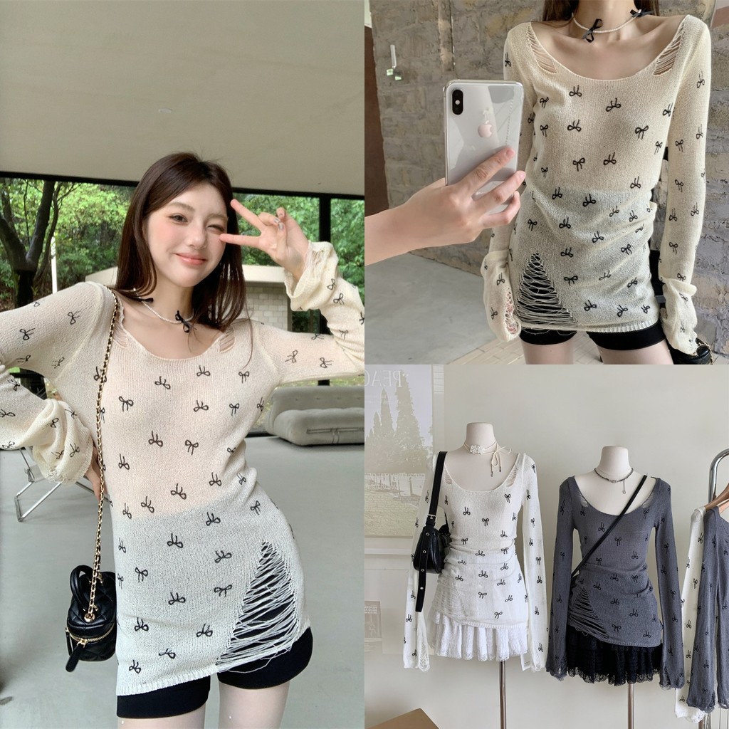 💜Bonnie💜​เสื้อไหมพรมแขนยาว คอกลม ดีเทลซีทรู ลายโบว์ น่ารักมาก ใส่สบาย สไตล์ลำลอง ส่งไวจากไทย#Y6526