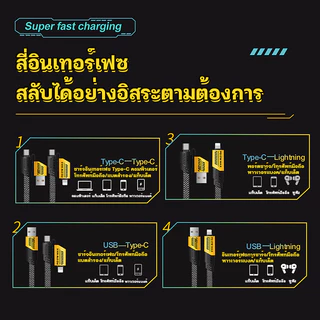สายชาร์จเร็ว 4IN1 รองรับการชาร์จเร็วสูงสุด 65W และเหมาะสำหรับ และเหมาะสำหรับ iP Type C