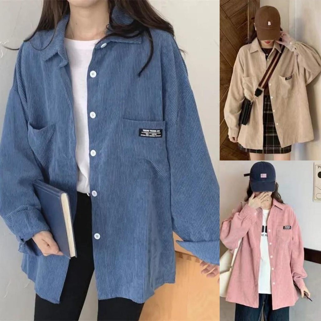 KOKO#เสื้อเชิ้ตผ้าลูกฟูกแขนยาวของผู้หญิงฤดูใบไม้ร่วงใหม่สไตล์เกาหลีย้อนยุคหลวมเสื้อแจ็คเก็ตบาง#W478