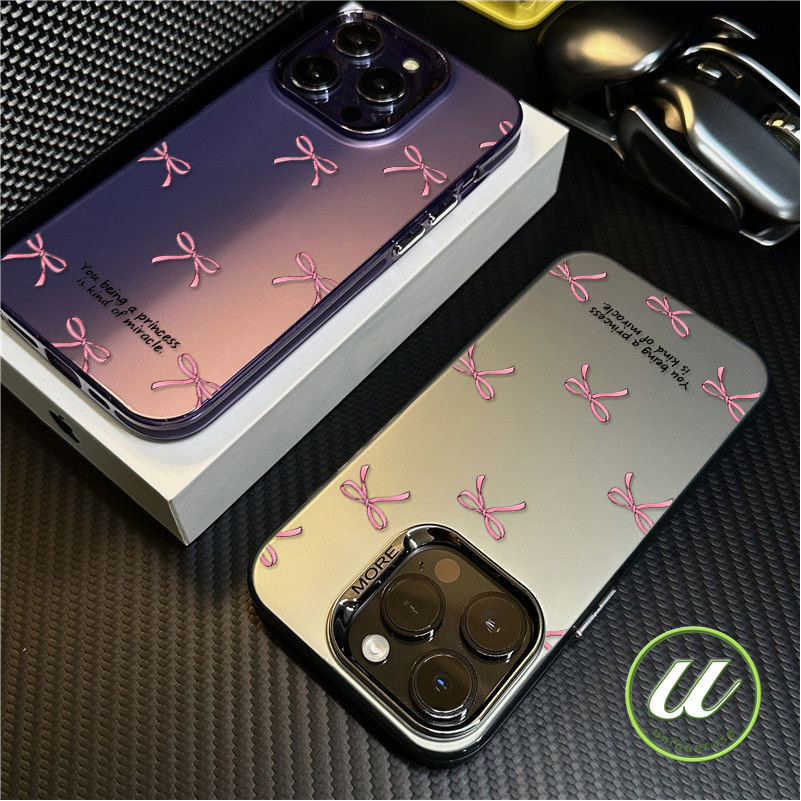 ง่ายสีชมพูโบว์โบว์แฟชั่นการชุบโลหะเลนส์ เคส IPhone XR 15 11 14 7Plus 12 13 Pro Max X XS Max 7 8 15 14 Plus 8Plus SE 2020