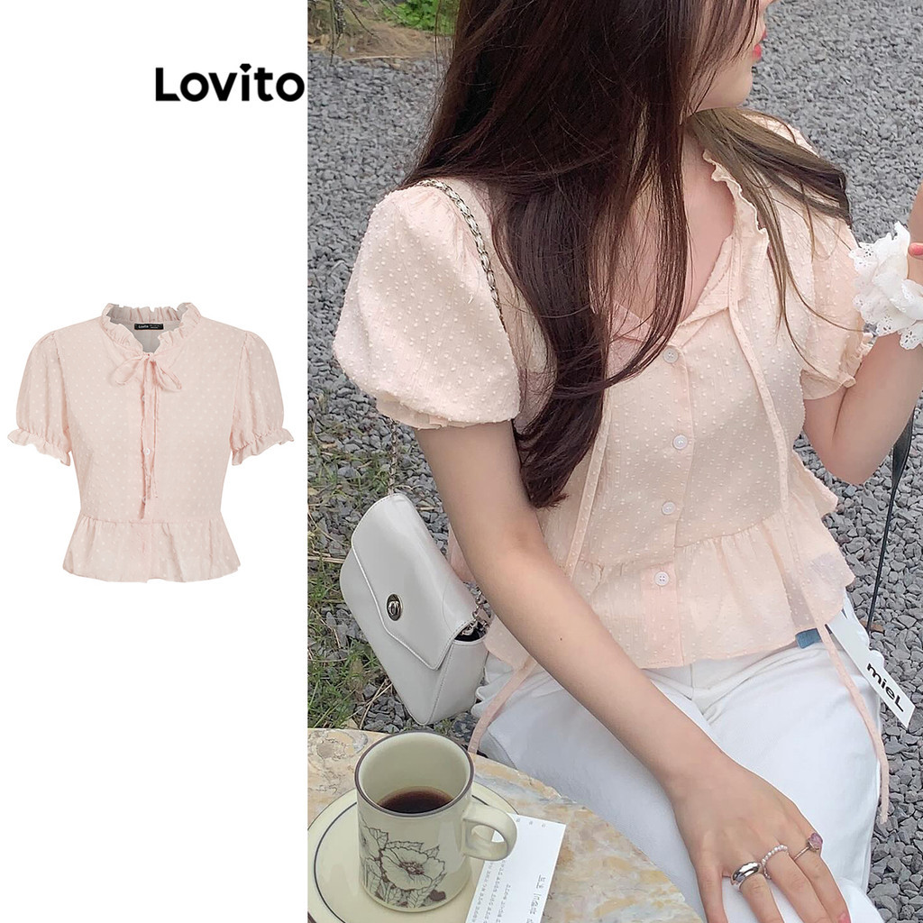 Lovito เสื้อเบลาส์ลูกไม้ แจ็คการ์ด ธรรมดาสำหรับผู้หญิง L95ED545