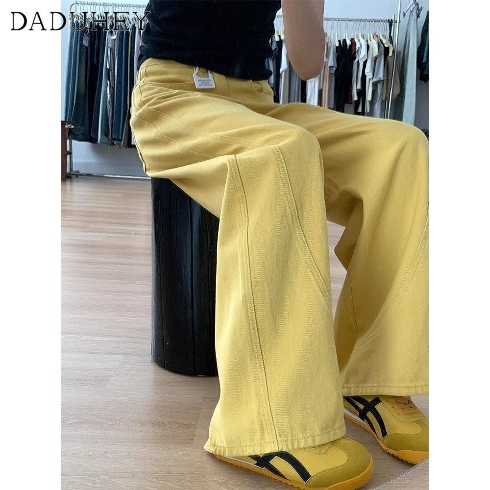 DaDuHey🎈 Women's American-Style High Street Yellow Wide-Leg Jeans 2024 Autumn New High Waist Loose and Slimming All-Matching Straight Pants