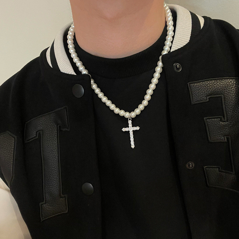 Jushi Hip Hop Style Niche Pearl Necklace Men Cross with Diamonds Collarbone Chain
