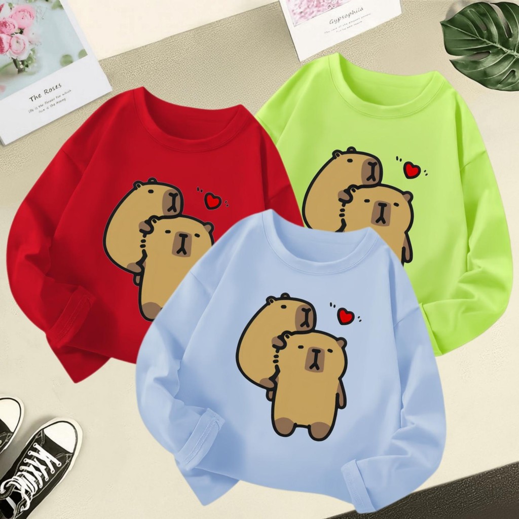 เหมาะสําหรับ 3-12 ปีน่ารักการ์ตูนเด็กสาว คาปี้ บารา เสื้อยืด รอบคอนุ่มเด็กท็อปส์สีที่บริสุทธิ์สบายๆเสื้อทารก
