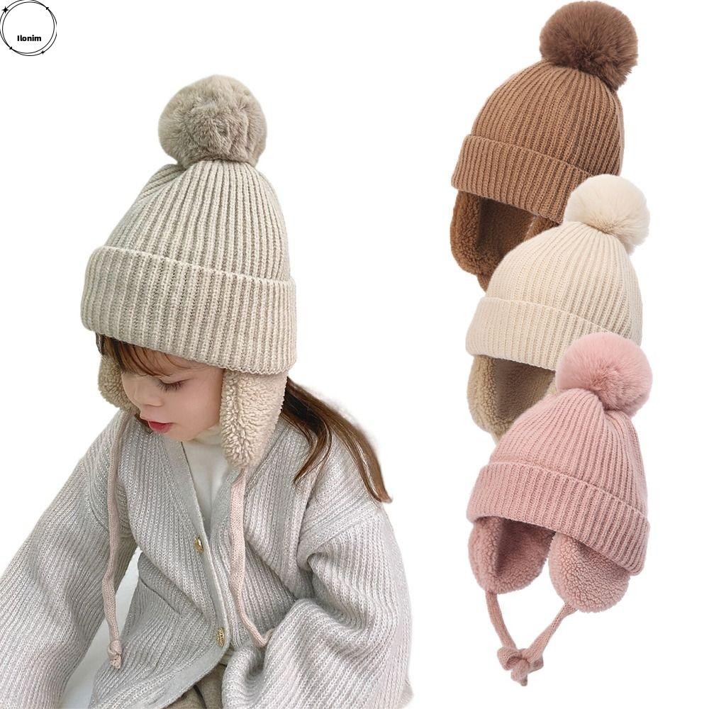 Ilonim หมวกถัก Windproof Plush Lining เด็กหมวกอุ่น