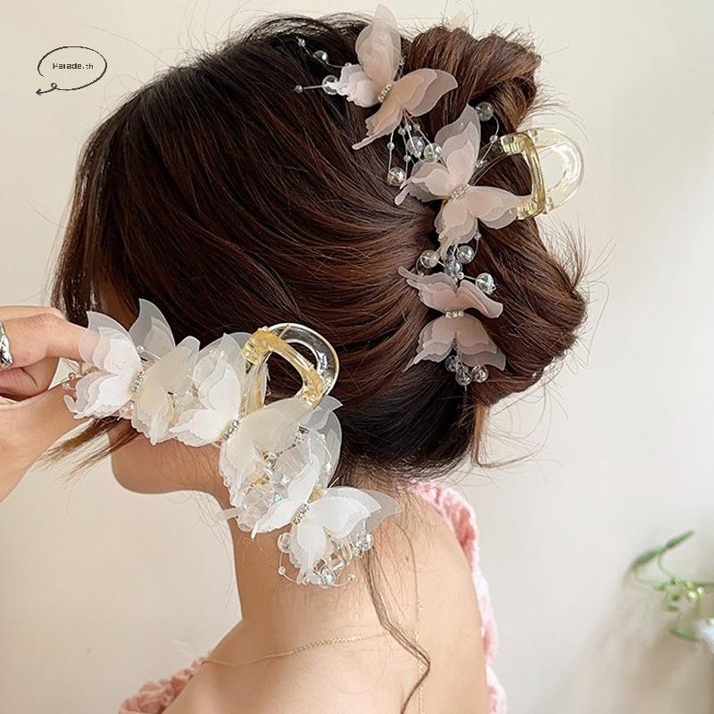 Parade ใหม่แฟชั่นจําลองผีเสื้อคลิปผมผู้หญิง Elegant Pearl Bow หางม้าคลิปอุปกรณ์เสริมผมหวาน Crab Claw Headdress TH