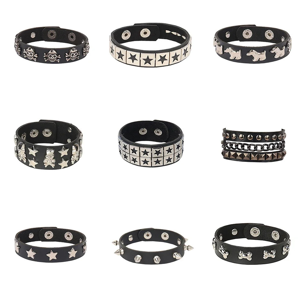 Goth Punk Star ค้างคาวโครงกระดูกสร้อยข้อมือผู้หญิงผู้ชาย Skull สีดํา PU สร้อยข้อมือหนังเครื่องประดับฮาโลวีน