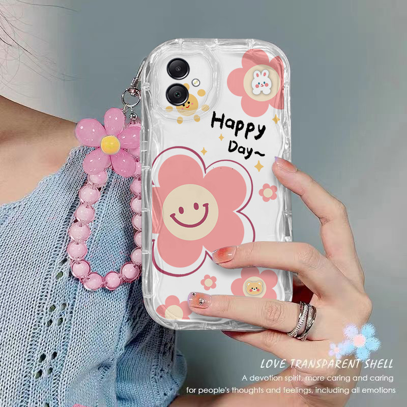เคส Samsung A06 เคสโทรศัพท์แบบใส ดอกไม้ เชือกห้อยลูกปัด เคสโทรศัพท์กันกระแทกแบบใส