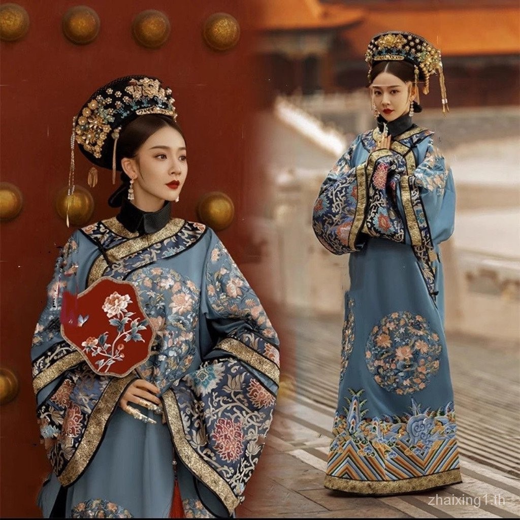 ราชวงศ์ชิง Jifu Queen สไตล์ย้อนยุคโบราณพระราชวังต้องห้ามอุตสาหกรรมหนักพิมพ์ภาพเสื้อผ้าผู้หญิง Qing Han แขนกว้างปลายราชวงศ์ชิง