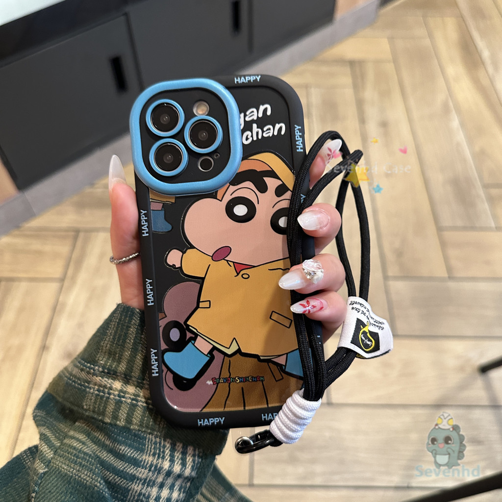 Crayon Shin-chan น่ารักเด็กเสื้อกันฝน Pixie ตลกเคสโทรศัพท์ + โซ่สําหรับ iPhone 11 15 12 13 14 Pro Ma