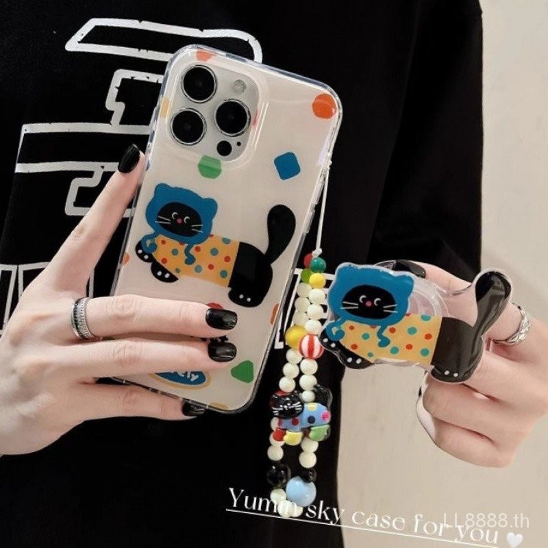 เคสมือถือสำหรับ iPhone น่ารักรูปทรงเรขาคณิตสีดำลายแมว15/16PROMAX ใหม่14/13Pro/เฉพาะ12/11 xsmax/XR พรีเมี่ยม7/8PLUS เคสป้องกันแบบเต็มรูขนาดใหญ่กันกระแทก xiqx