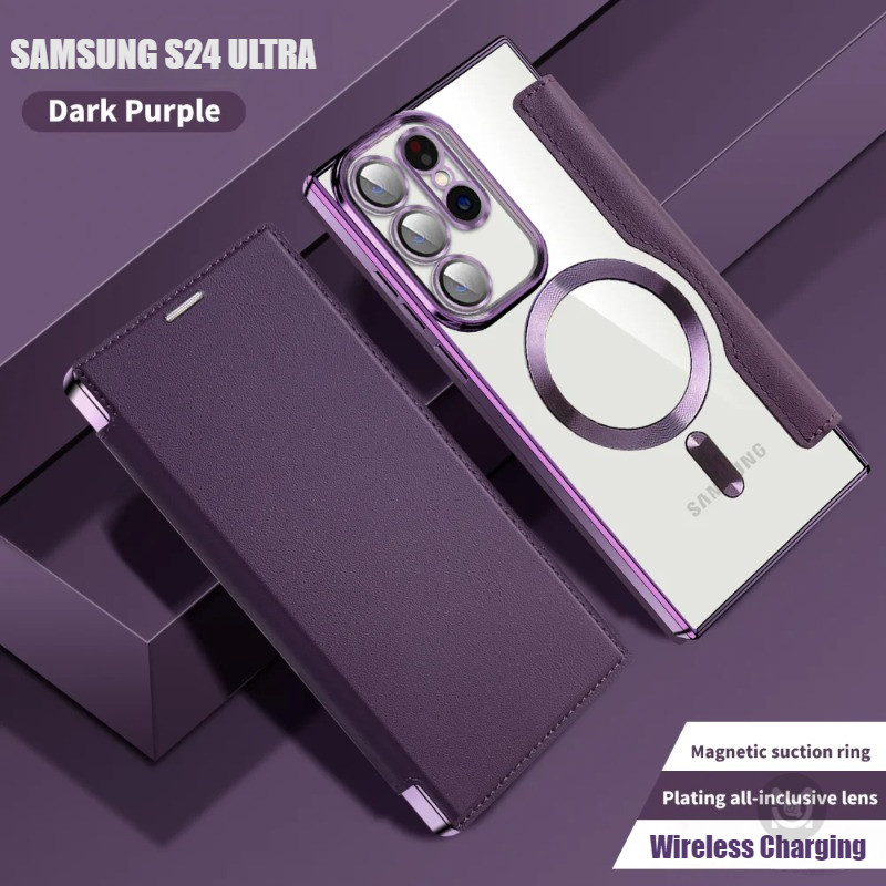 สําหรับ Samsung Galaxy S26 S25 S24 S23 Ultra S25FE S24FE S23FE S25 S24 S23 Plus หรูหราชุบหนังแม่เหล็กไร้สายชาร์จเลนส์ป้องกันกล้องเคสโทรศัพท์ฝาครอบ