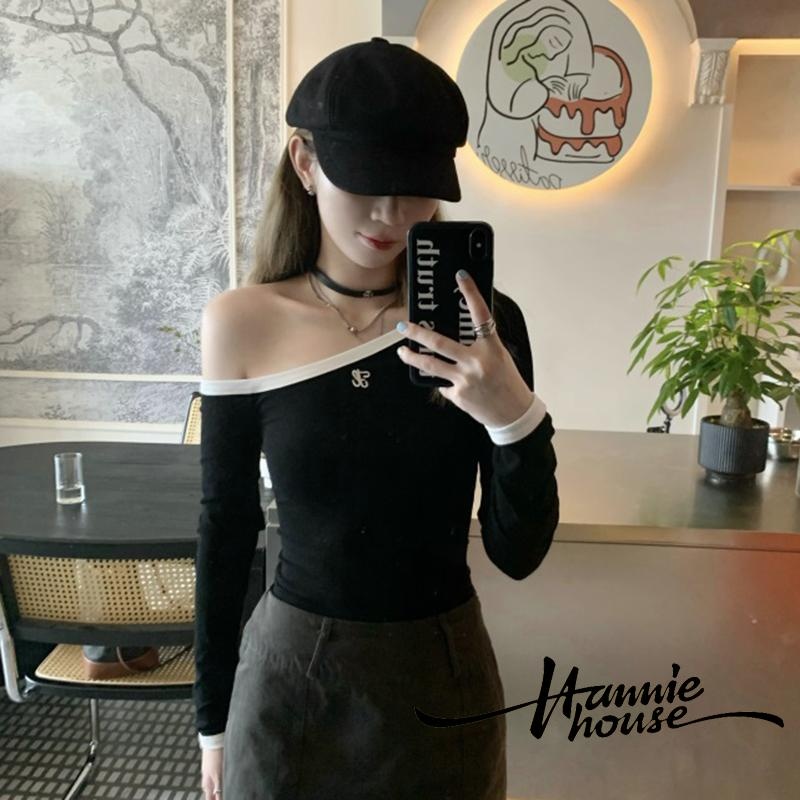 Hanie House- สตรี Slim Letter เย็บปักถักร้อยปิดไหล่ Slash คอเสื้อยืดแขนยาว