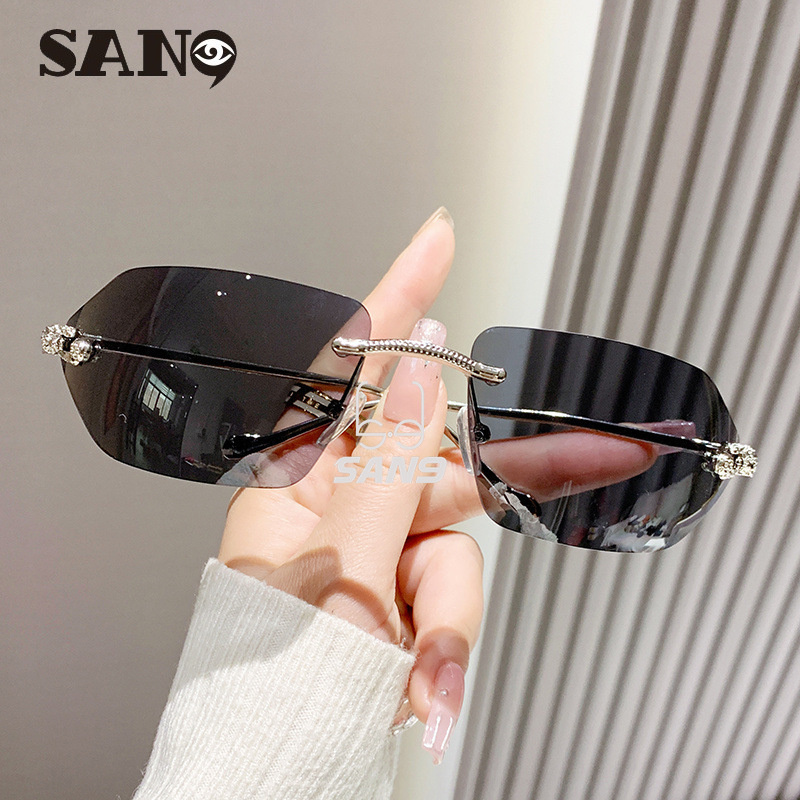 (San9)แว่นกันแดด Y2k ใหม่โลหะแฟชั่น Cat Eye ไร้ขอบเสือดาวหัว Y2k
