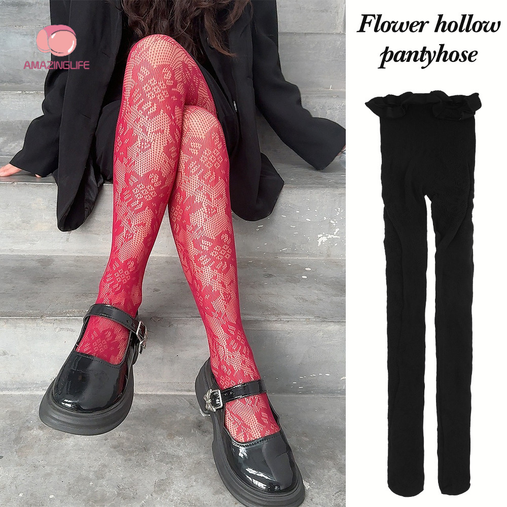 Sweet Girls Lolita Style Hollow Floral Tights ถุงน่องยืดหยุ่นสูง-เซ็กซี่แฟชั่นดอกไม้ตาข่ายลูกไม้ Pantyhose