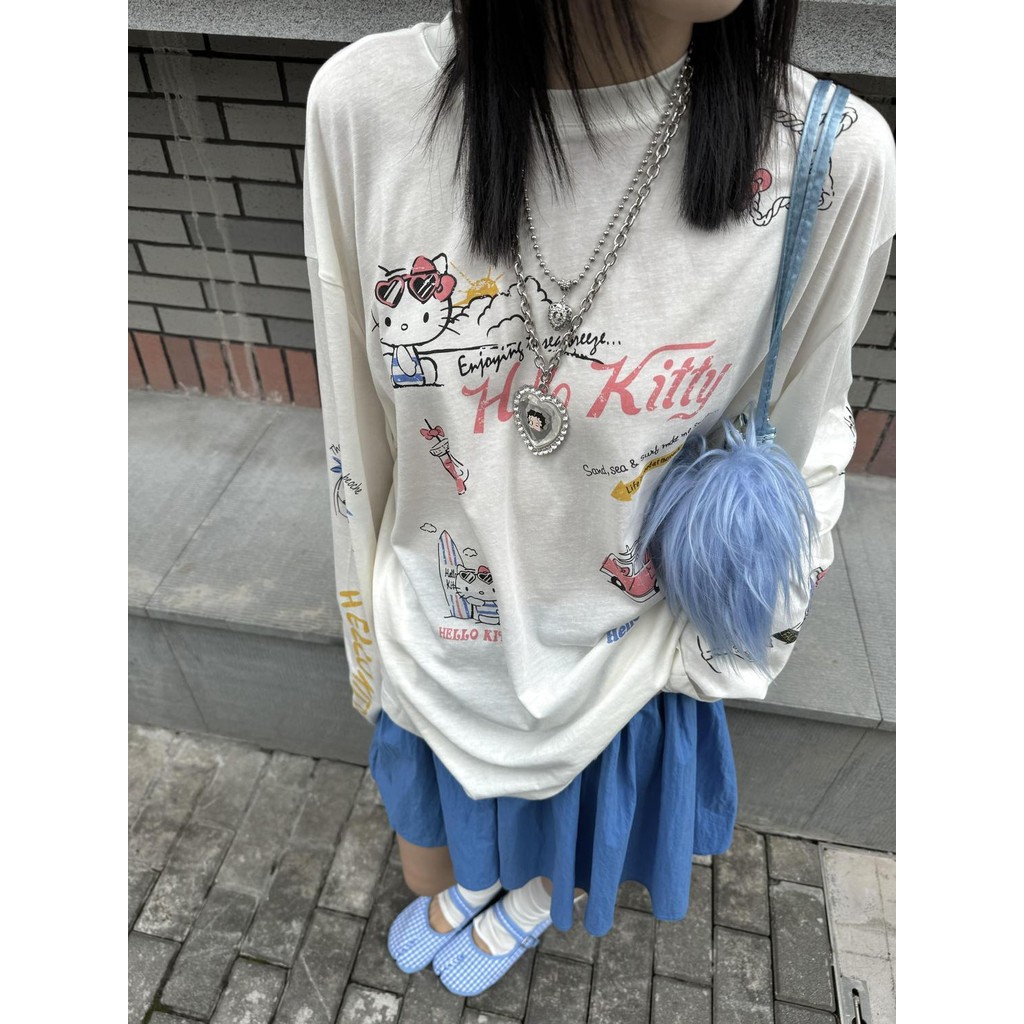Cotton Kitty Cat Collection เสื้อยืดแขนยาวทรงหลวมพิมพ์ลายสําหรับผู้หญิง