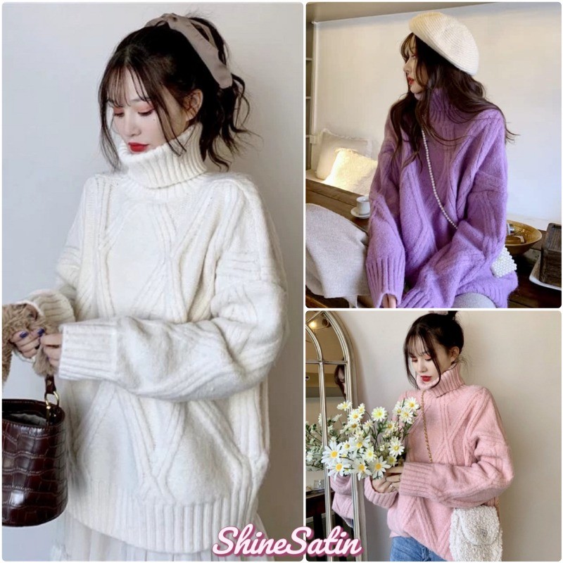 ShineSatin เสื้อคอเต่าสำหรับสุภาพสตรี เสื้อถักหนา พลัสไซส์หลวม Onesize 096