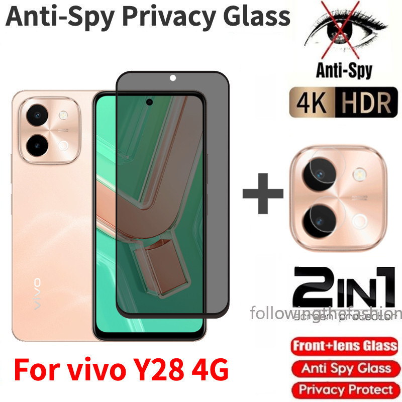 ฝาครอบหน้าจอโค้งส่วนตัวกระจกนิรภัยสําหรับ vivo Y28 4G 2024 Y28s Y18s Y03 Y03t 4G 5G Protector Anti Peek ความเป็นส่วนตัวด้านหน้าป้องกันหน้าจอกลับกล้องเลนส์ป้องกันฟิล์ม