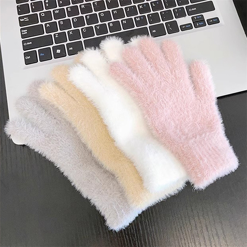 ถุงมืออุ่นตุ๊กตาฤดูหนาวสําหรับผู้หญิงสีดําสีชมพูน่ารักสีทึบถุงมือขนแกะ ถุงมือ