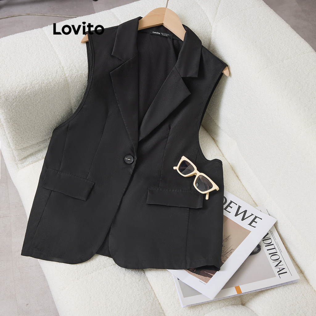 Lovito เบลเซอร์ผู้หญิง แขนกุด กระดุมหน้า สีพื้น สไตล์ลำลอง LNE57269