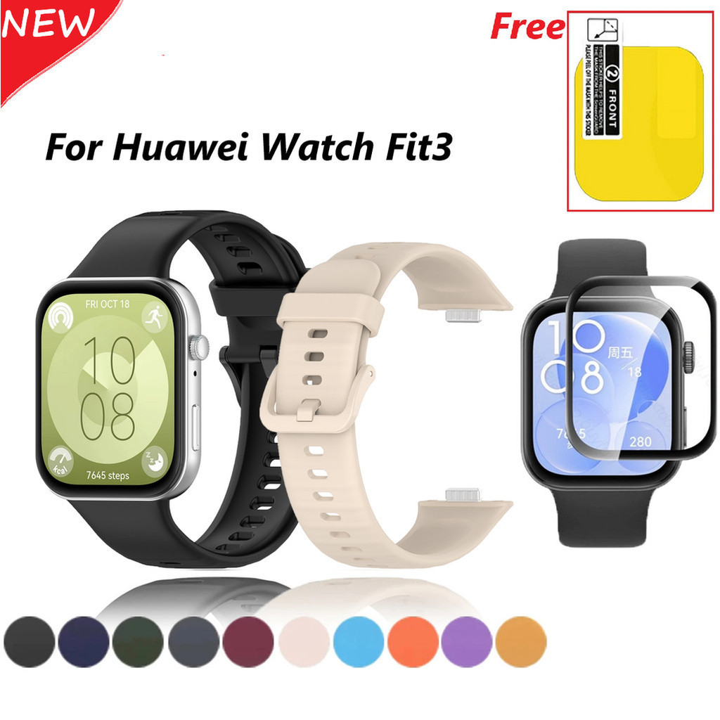 Huawei Watch Fit3 2 in 1 สายซิลิโคนสําหรับ Huawei Watch Fit 3 Soft PMMA TPU กันน้ําพร้อมตัวป้องกันหน้าจอแบบเต็มฟิล์มกีฬาวงสายรัดข้อมือแฟชั่น